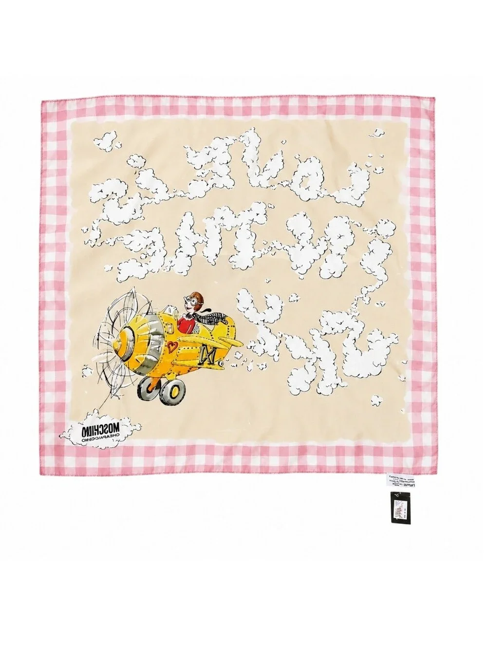 MOSCHINO | Cheap & Chic “Love Is In The Sky” Square Silk Scarf Pink Yellow 25”